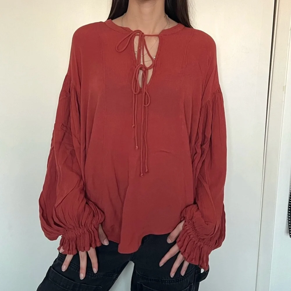 Free People Red Puff Sleeve Blouse with Tie Front